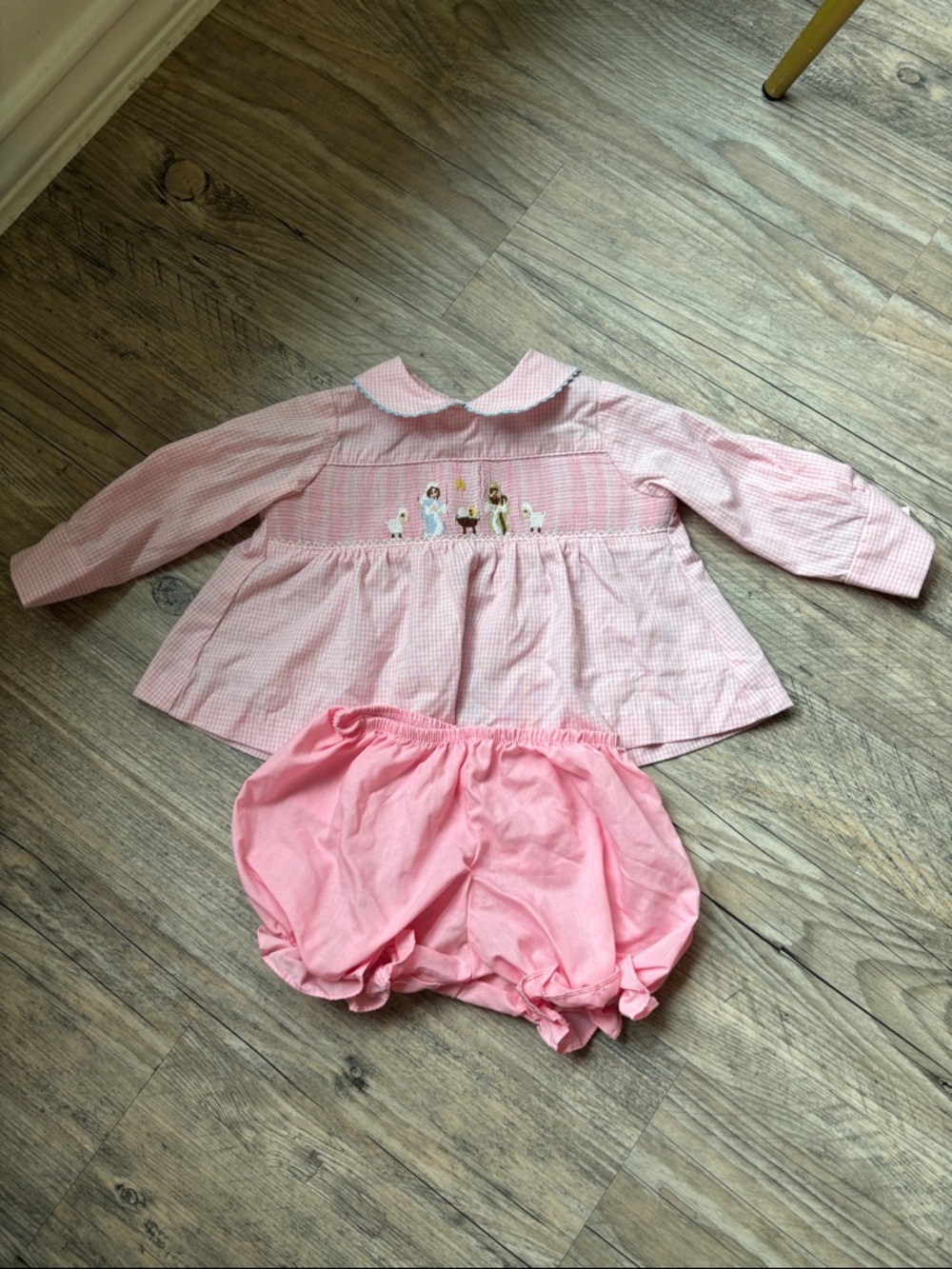 Pink Girls Matching Set with Christmas Nativity Embroidered Details